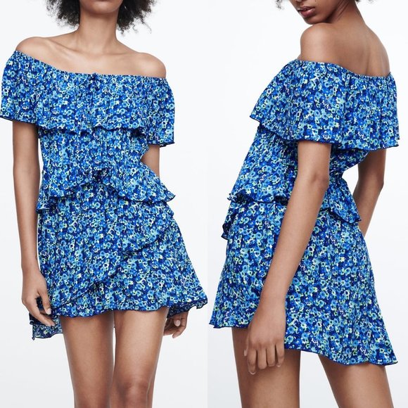 Zara Pants - NEW Zara Blue Floral Off the Shoulder Cute Tiered Ruffle Dress Romper Jumpsuit M